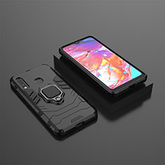 Silicone Matte Finish and Plastic Back Cover Case with Magnetic Finger Ring Stand for Samsung Galaxy A70E Black