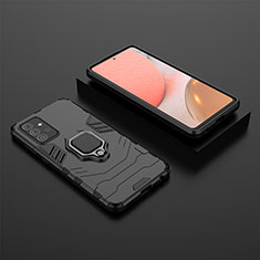 Silicone Matte Finish and Plastic Back Cover Case with Magnetic Finger Ring Stand for Samsung Galaxy A72 5G Black