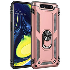 Silicone Matte Finish and Plastic Back Cover Case with Magnetic Finger Ring Stand for Samsung Galaxy A80 Rose Gold