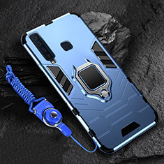 Silicone Matte Finish and Plastic Back Cover Case with Magnetic Finger Ring Stand for Samsung Galaxy A9 (2018) A920 Blue