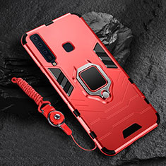 Silicone Matte Finish and Plastic Back Cover Case with Magnetic Finger Ring Stand for Samsung Galaxy A9 (2018) A920 Red