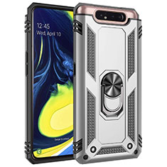 Silicone Matte Finish and Plastic Back Cover Case with Magnetic Finger Ring Stand for Samsung Galaxy A90 4G Silver