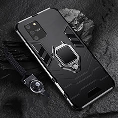 Silicone Matte Finish and Plastic Back Cover Case with Magnetic Finger Ring Stand for Samsung Galaxy A91 Black