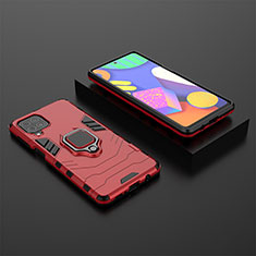 Silicone Matte Finish and Plastic Back Cover Case with Magnetic Finger Ring Stand for Samsung Galaxy F62 5G Red