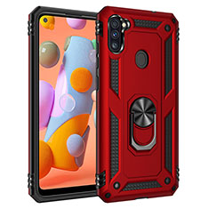 Silicone Matte Finish and Plastic Back Cover Case with Magnetic Finger Ring Stand for Samsung Galaxy M11 Red