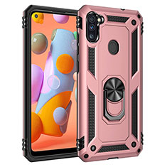 Silicone Matte Finish and Plastic Back Cover Case with Magnetic Finger Ring Stand for Samsung Galaxy M11 Rose Gold