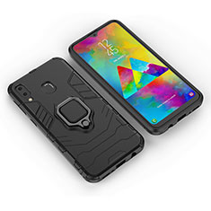 Silicone Matte Finish and Plastic Back Cover Case with Magnetic Finger Ring Stand for Samsung Galaxy M20 Black