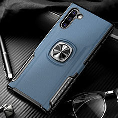 Silicone Matte Finish and Plastic Back Cover Case with Magnetic Finger Ring Stand for Samsung Galaxy Note 10 Blue