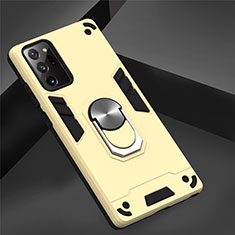 Silicone Matte Finish and Plastic Back Cover Case with Magnetic Finger Ring Stand for Samsung Galaxy Note 20 5G Gold