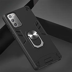 Silicone Matte Finish and Plastic Back Cover Case with Magnetic Finger Ring Stand for Samsung Galaxy Note 20 Plus 5G Black