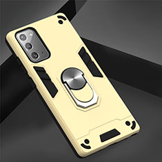Silicone Matte Finish and Plastic Back Cover Case with Magnetic Finger Ring Stand for Samsung Galaxy Note 20 Plus 5G Gold