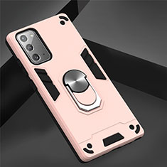 Silicone Matte Finish and Plastic Back Cover Case with Magnetic Finger Ring Stand for Samsung Galaxy Note 20 Plus 5G Pink