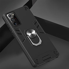 Silicone Matte Finish and Plastic Back Cover Case with Magnetic Finger Ring Stand for Samsung Galaxy Note 20 Ultra 5G Black