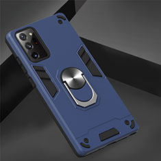 Silicone Matte Finish and Plastic Back Cover Case with Magnetic Finger Ring Stand for Samsung Galaxy Note 20 Ultra 5G Blue