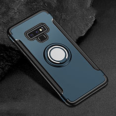 Silicone Matte Finish and Plastic Back Cover Case with Magnetic Finger Ring Stand for Samsung Galaxy Note 9 Blue