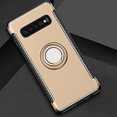 Silicone Matte Finish and Plastic Back Cover Case with Magnetic Finger Ring Stand for Samsung Galaxy S10 5G Gold