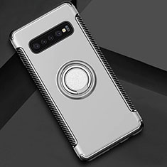 Silicone Matte Finish and Plastic Back Cover Case with Magnetic Finger Ring Stand for Samsung Galaxy S10 5G Silver