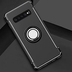 Silicone Matte Finish and Plastic Back Cover Case with Magnetic Finger Ring Stand for Samsung Galaxy S10 Black
