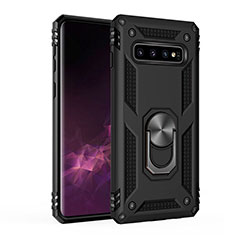Silicone Matte Finish and Plastic Back Cover Case with Magnetic Finger Ring Stand for Samsung Galaxy S10 Plus Black