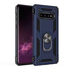 Silicone Matte Finish and Plastic Back Cover Case with Magnetic Finger Ring Stand for Samsung Galaxy S10 Plus Blue