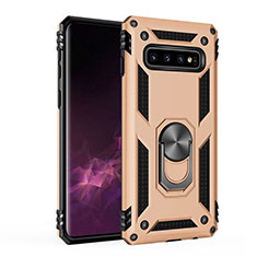 Silicone Matte Finish and Plastic Back Cover Case with Magnetic Finger Ring Stand for Samsung Galaxy S10 Plus Gold