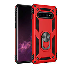 Silicone Matte Finish and Plastic Back Cover Case with Magnetic Finger Ring Stand for Samsung Galaxy S10 Plus Red
