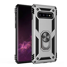 Silicone Matte Finish and Plastic Back Cover Case with Magnetic Finger Ring Stand for Samsung Galaxy S10 Plus Silver