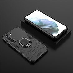 Silicone Matte Finish and Plastic Back Cover Case with Magnetic Finger Ring Stand for Samsung Galaxy S21 5G Black