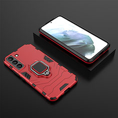 Silicone Matte Finish and Plastic Back Cover Case with Magnetic Finger Ring Stand for Samsung Galaxy S21 5G Red