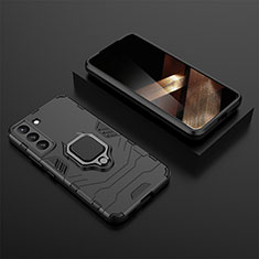 Silicone Matte Finish and Plastic Back Cover Case with Magnetic Finger Ring Stand for Samsung Galaxy S24 5G Black