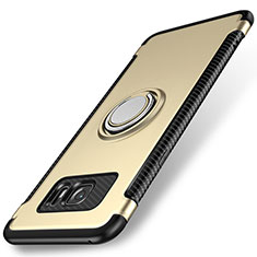Silicone Matte Finish and Plastic Back Cover Case with Magnetic Finger Ring Stand for Samsung Galaxy S7 Edge G935F Gold