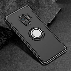 Silicone Matte Finish and Plastic Back Cover Case with Magnetic Finger Ring Stand for Samsung Galaxy S9 Black