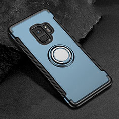 Silicone Matte Finish and Plastic Back Cover Case with Magnetic Finger Ring Stand for Samsung Galaxy S9 Blue