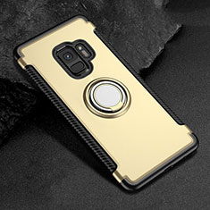 Silicone Matte Finish and Plastic Back Cover Case with Magnetic Finger Ring Stand for Samsung Galaxy S9 Gold