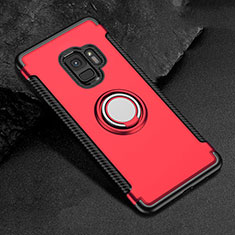 Silicone Matte Finish and Plastic Back Cover Case with Magnetic Finger Ring Stand for Samsung Galaxy S9 Red