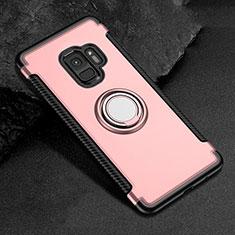 Silicone Matte Finish and Plastic Back Cover Case with Magnetic Finger Ring Stand for Samsung Galaxy S9 Rose Gold