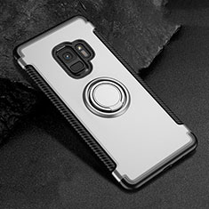 Silicone Matte Finish and Plastic Back Cover Case with Magnetic Finger Ring Stand for Samsung Galaxy S9 Silver