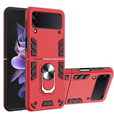 Silicone Matte Finish and Plastic Back Cover Case with Magnetic Finger Ring Stand for Samsung Galaxy Z Flip3 5G Red