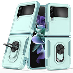 Silicone Matte Finish and Plastic Back Cover Case with Magnetic Finger Ring Stand for Samsung Galaxy Z Flip4 5G Cyan