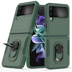 Silicone Matte Finish and Plastic Back Cover Case with Magnetic Finger Ring Stand for Samsung Galaxy Z Flip4 5G Midnight Green
