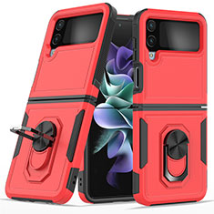 Silicone Matte Finish and Plastic Back Cover Case with Magnetic Finger Ring Stand for Samsung Galaxy Z Flip4 5G Red