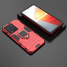 Silicone Matte Finish and Plastic Back Cover Case with Magnetic Finger Ring Stand for Vivo iQOO 10 5G Red