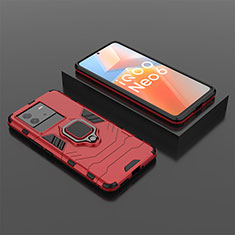 Silicone Matte Finish and Plastic Back Cover Case with Magnetic Finger Ring Stand for Vivo iQOO Neo6 5G Red