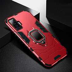Silicone Matte Finish and Plastic Back Cover Case with Magnetic Finger Ring Stand for Vivo X50 5G Red