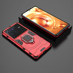 Silicone Matte Finish and Plastic Back Cover Case with Magnetic Finger Ring Stand for Vivo X80 Pro 5G Red