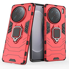 Silicone Matte Finish and Plastic Back Cover Case with Magnetic Finger Ring Stand for Vivo X90 Pro 5G Red