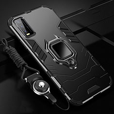 Silicone Matte Finish and Plastic Back Cover Case with Magnetic Finger Ring Stand for Vivo Y20i India Black