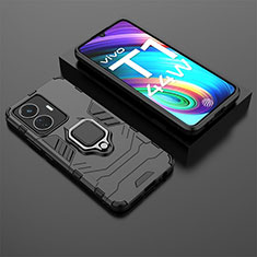 Silicone Matte Finish and Plastic Back Cover Case with Magnetic Finger Ring Stand for Vivo Y55 4G Black