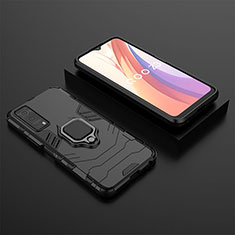 Silicone Matte Finish and Plastic Back Cover Case with Magnetic Finger Ring Stand for Vivo Y75s 5G Black