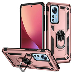 Silicone Matte Finish and Plastic Back Cover Case with Magnetic Finger Ring Stand for Xiaomi Mi 12 Pro 5G Rose Gold
